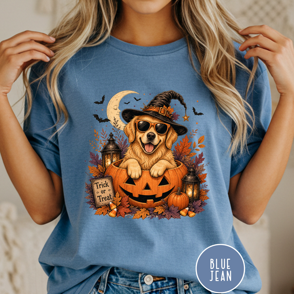 Golden Retriever in a Jack-o-Lantern T-shirt