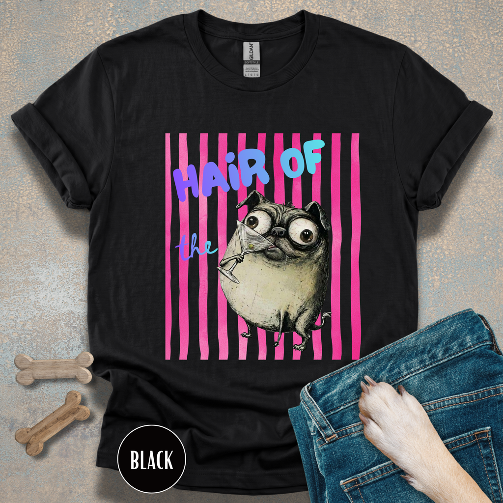 Hair of the Dog Pug Hangover T-Shirt. Pink stripes, blue gradient text