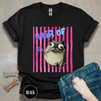 Hair of the Dog Pug Hangover T-Shirt. Pink stripes, blue gradient text