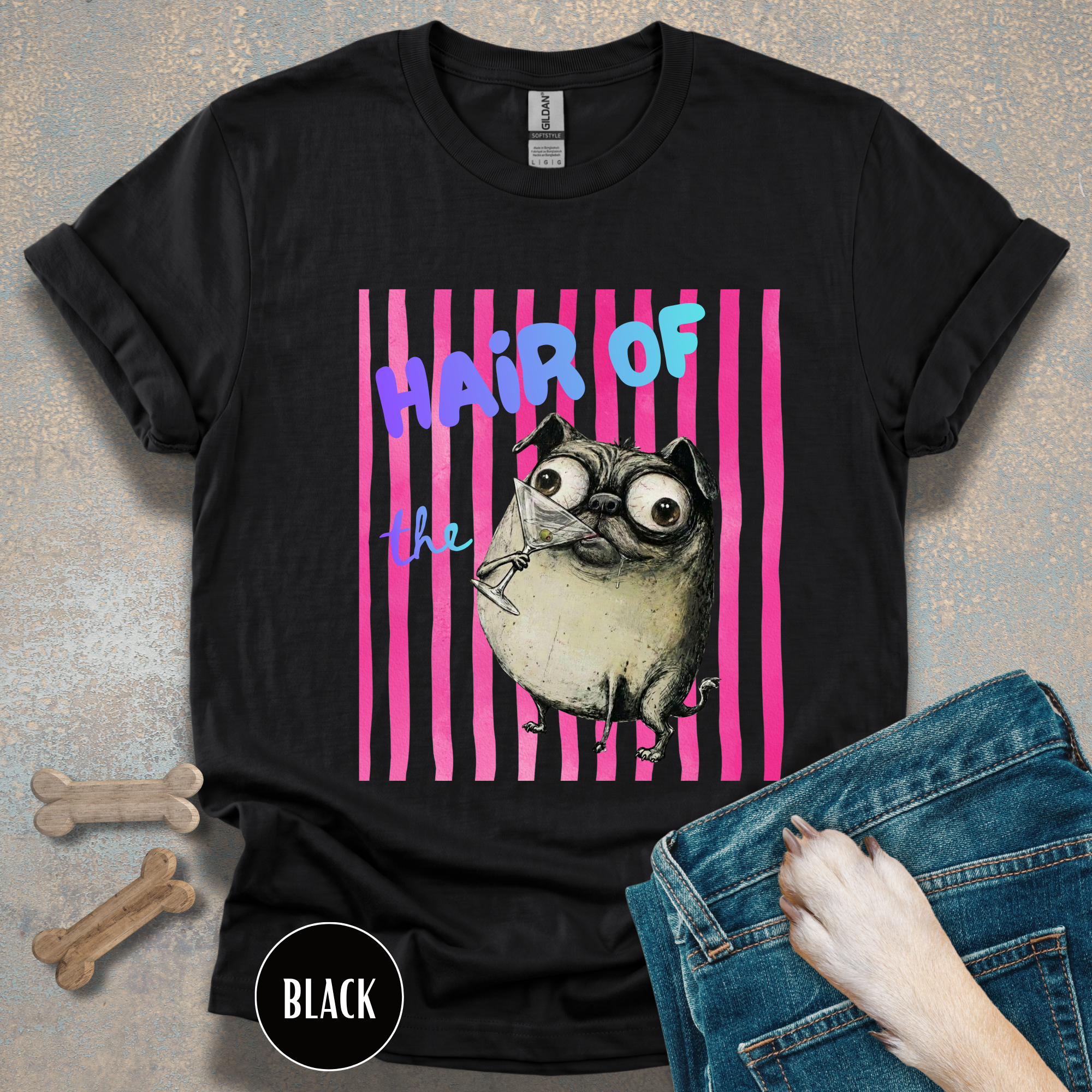 Hair of the Dog Pug Hangover T-Shirt. Pink stripes, blue gradient text