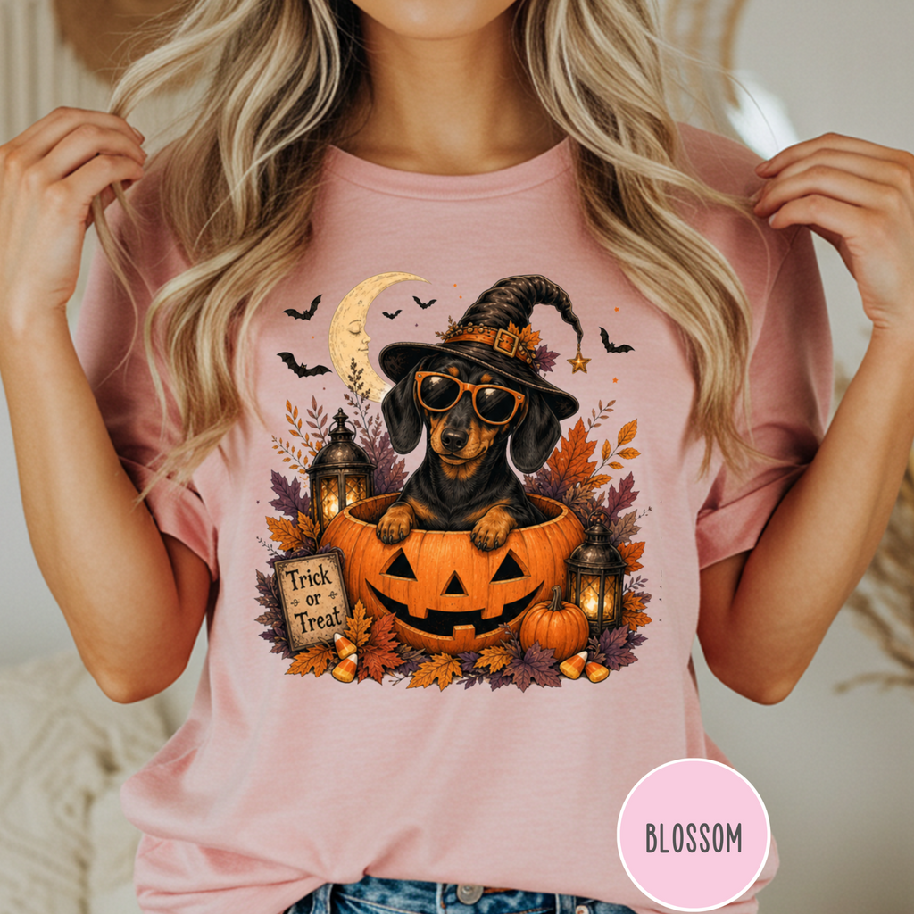 Dachshund in a Jack-o-Lantern T-shirt