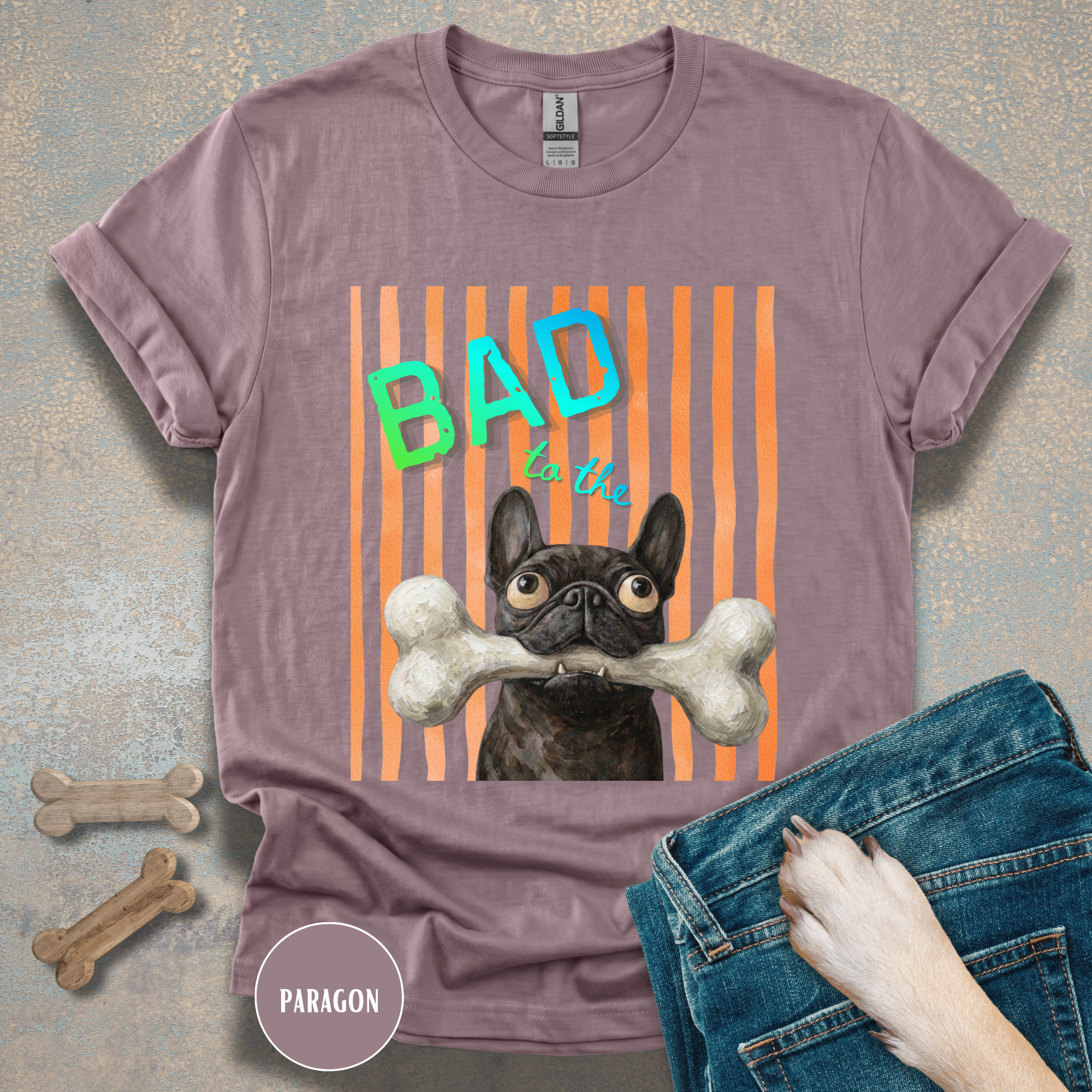 Bad to the Bone French Bulldog T-Shirt. Orange stripes