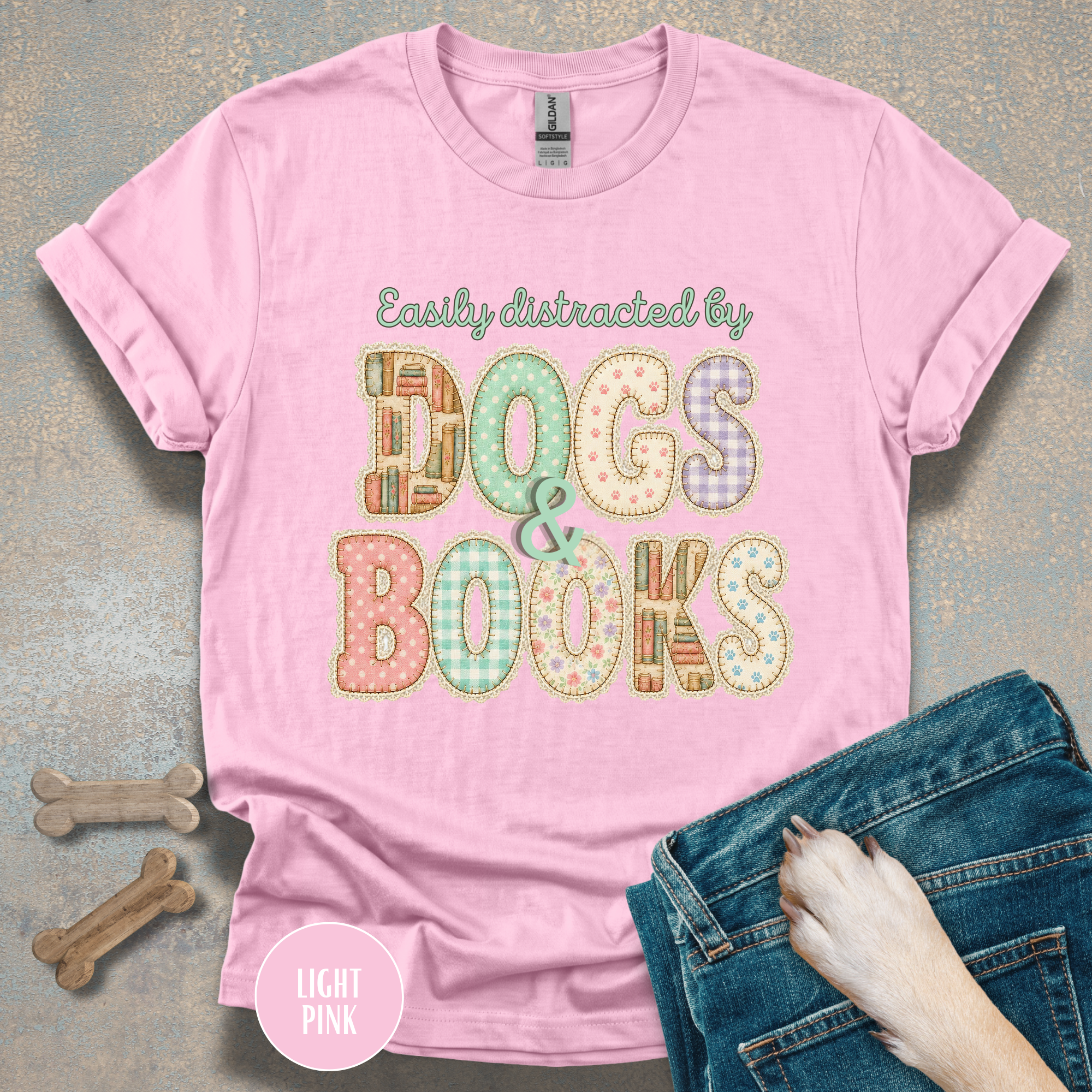 Easily Distracted by Dogs & Books faux patchwork T-Shirt