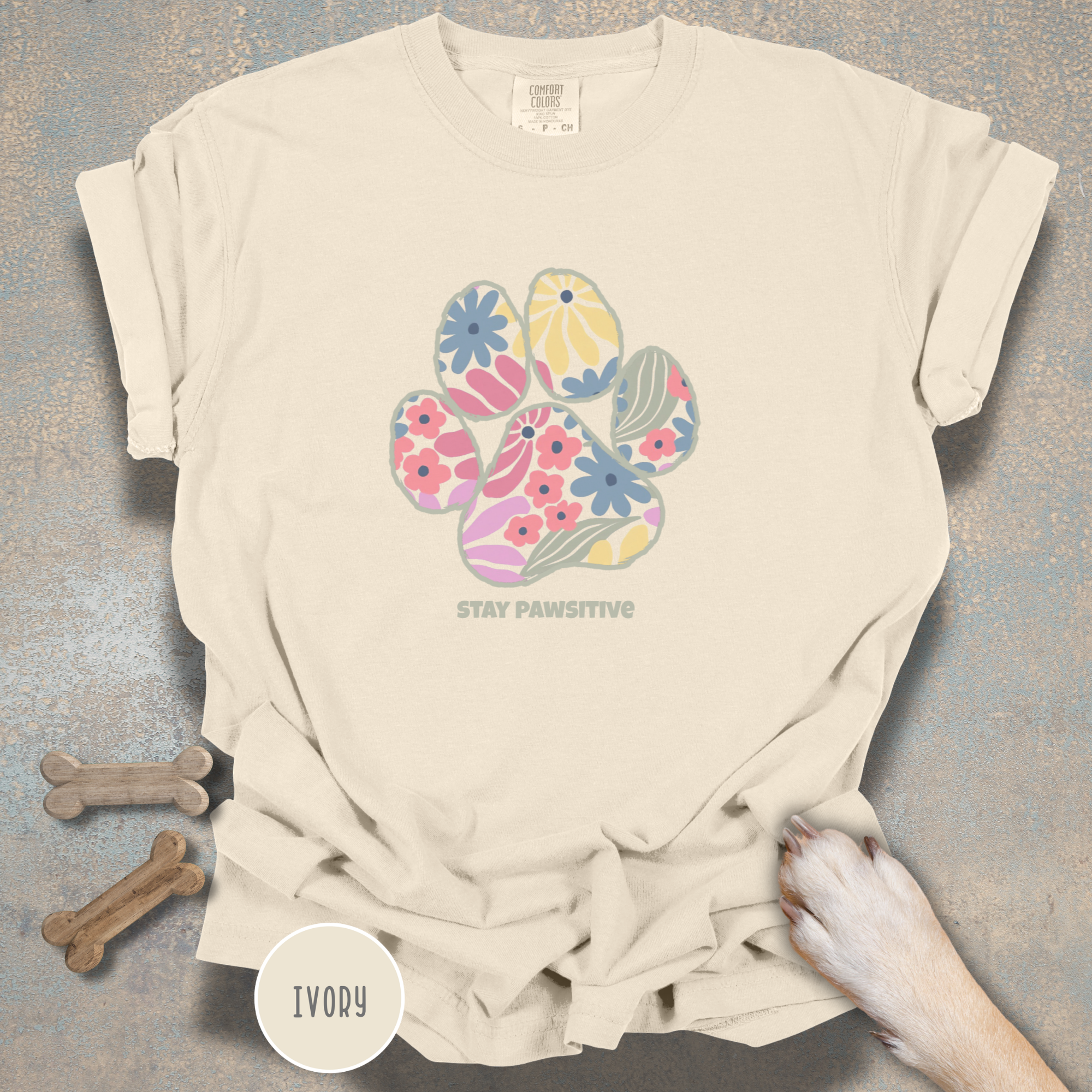 Stay Pawsitive Floral Paw Print T-Shirt