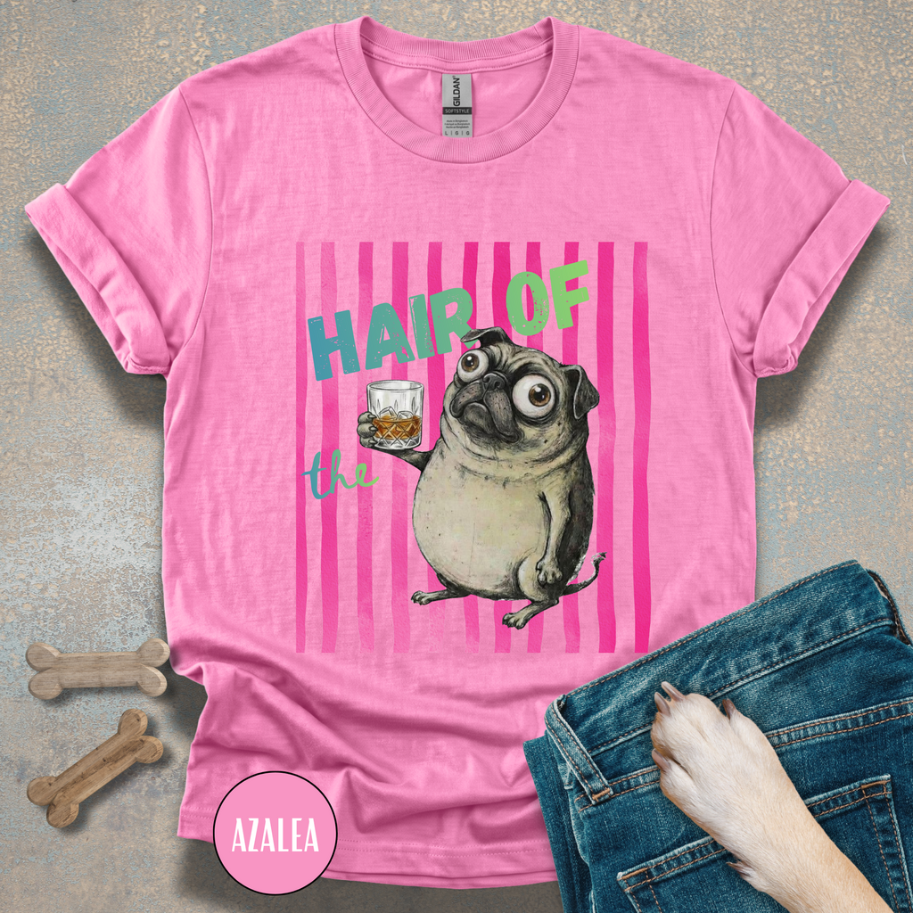 Whiskey, Hair of the Dog Pug Hangover T-Shirt. Pink stripes