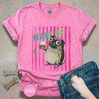 Whiskey, Hair of the Dog Pug Hangover T-Shirt. Pink stripes