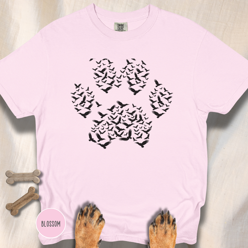 Murder of Crows in Flight Dog Paw T-shirt
