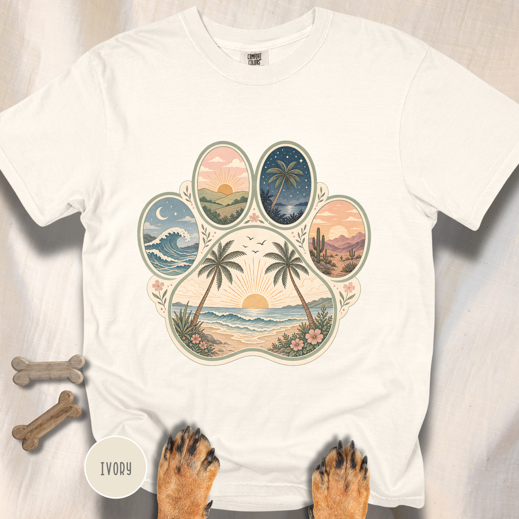 Retro Beach Scene Paw Print T-shirt