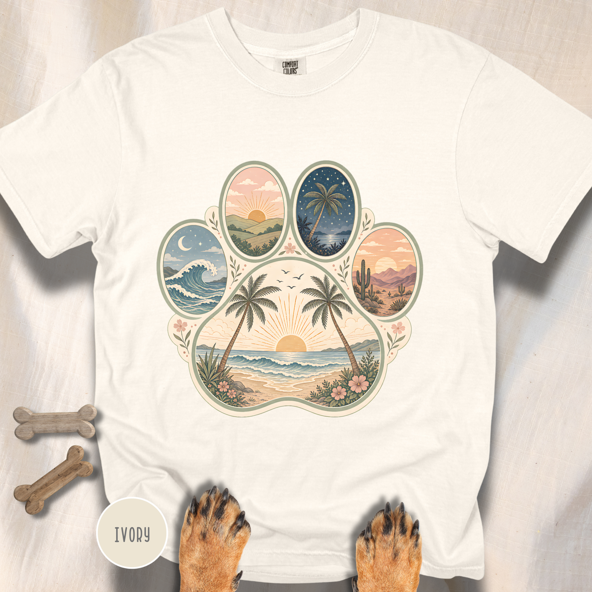 Retro Beach Scene Paw Print T-shirt