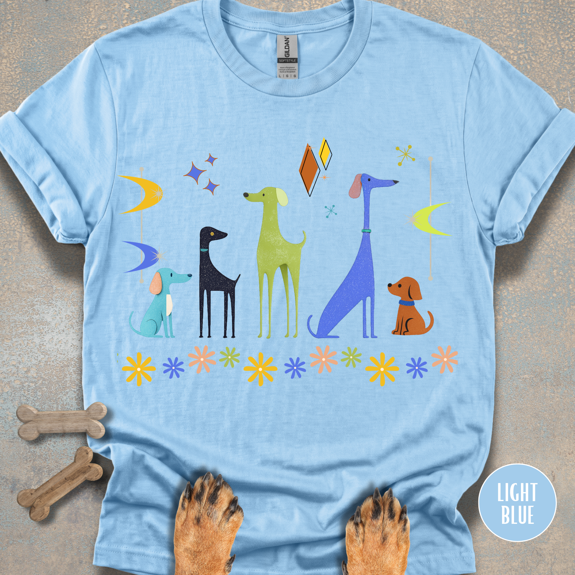 Retro Atomic Dogs Graphic T-Shirt – Mid Century Modern Dog Lover Tee