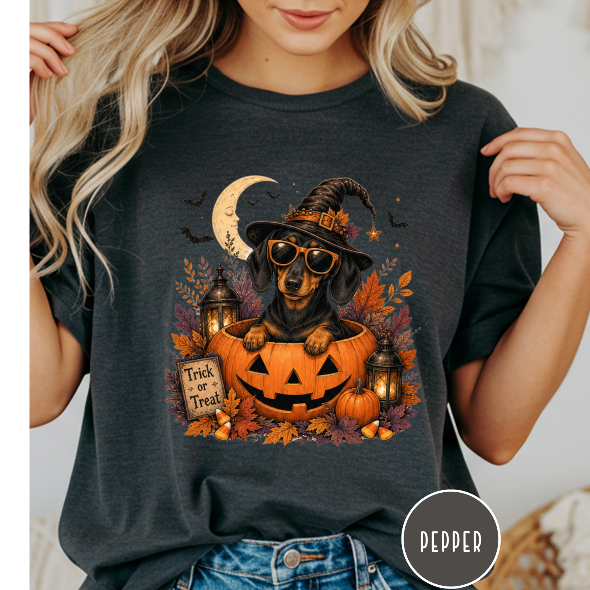 Dachshund in a Jack-o-Lantern T-shirt