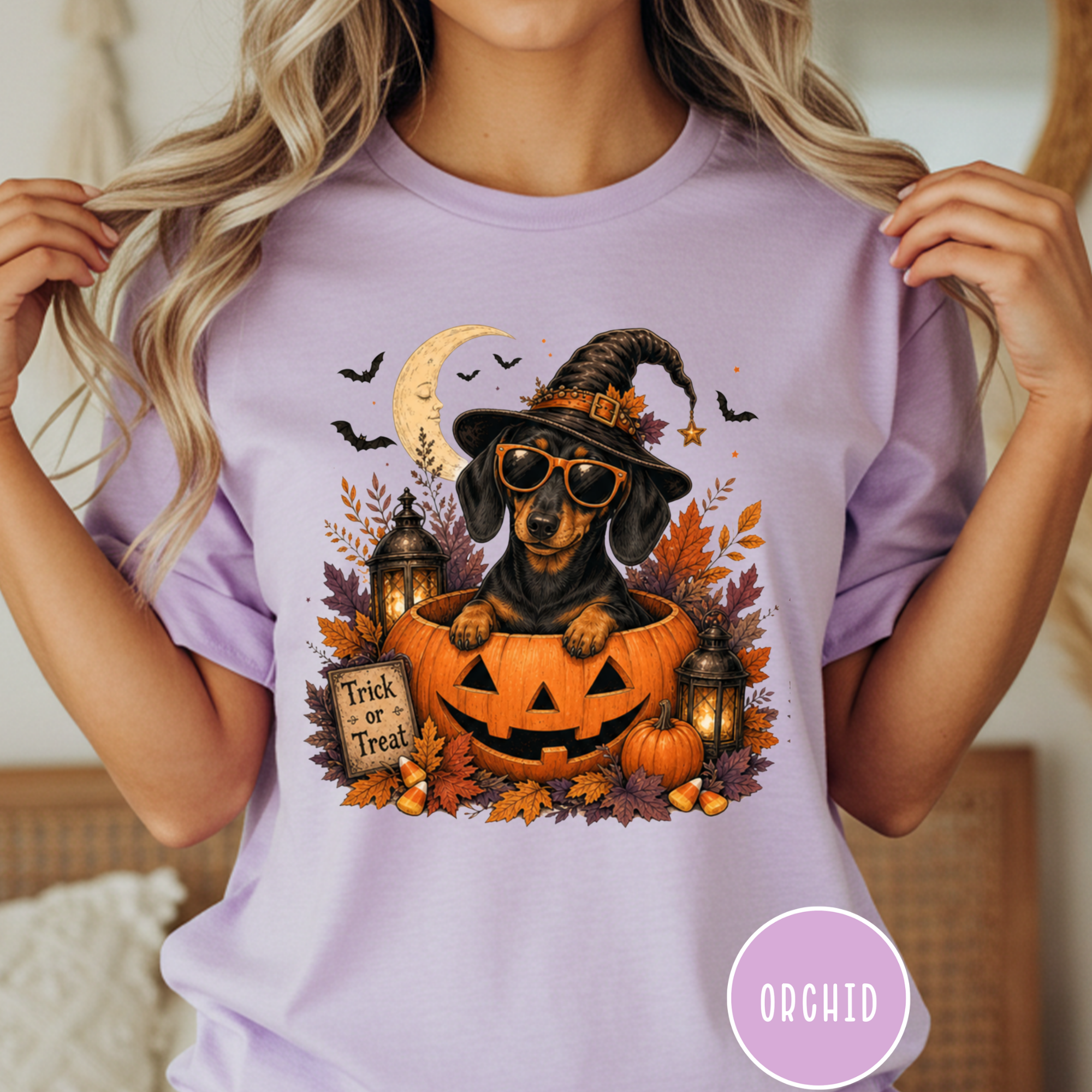 Dachshund in a Jack-o-Lantern T-shirt