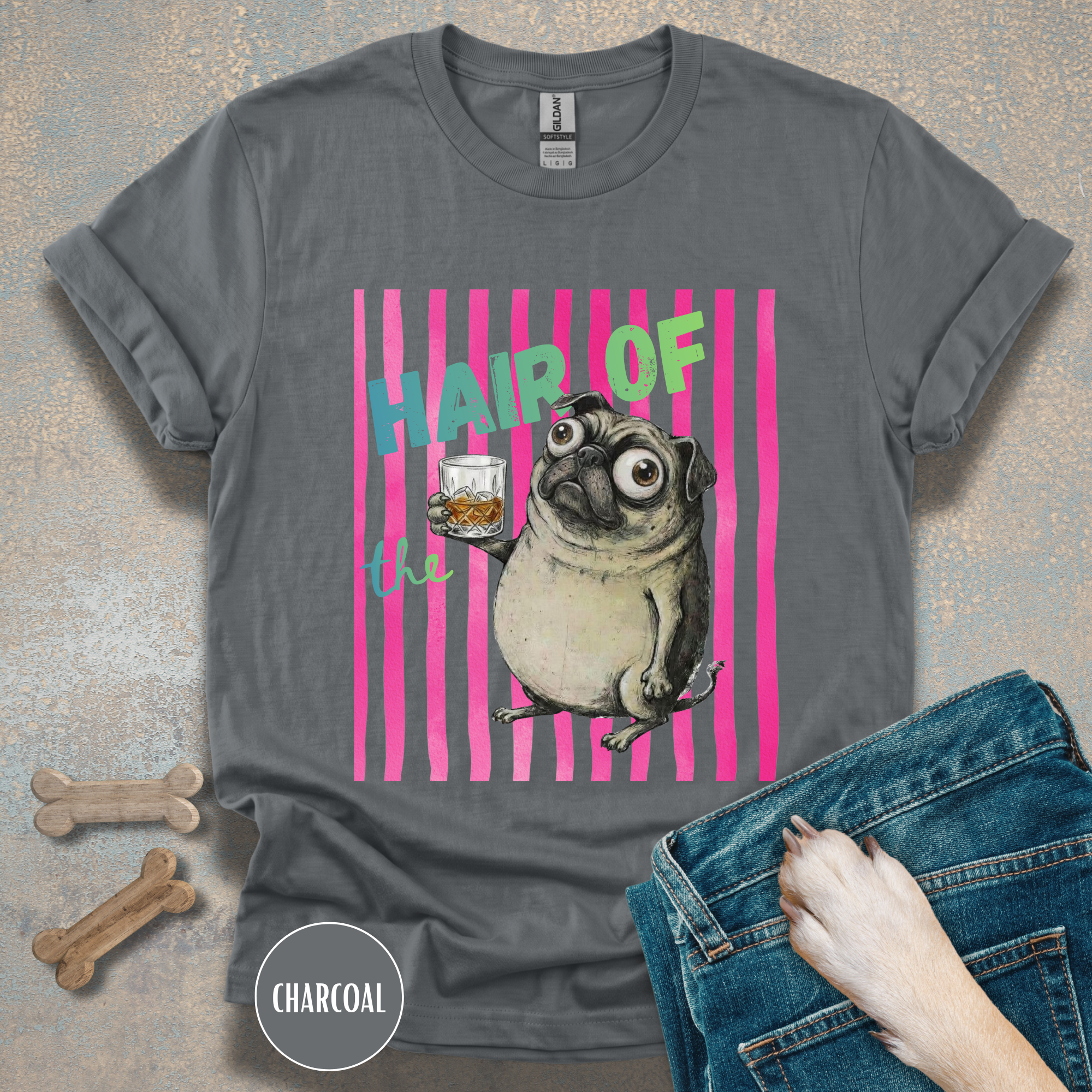 Whiskey, Hair of the Dog Pug Hangover T-Shirt. Pink stripes