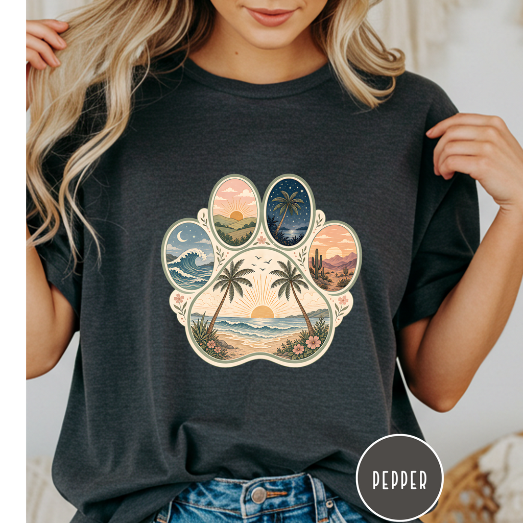 Retro Beach Scene Paw Print T-shirt