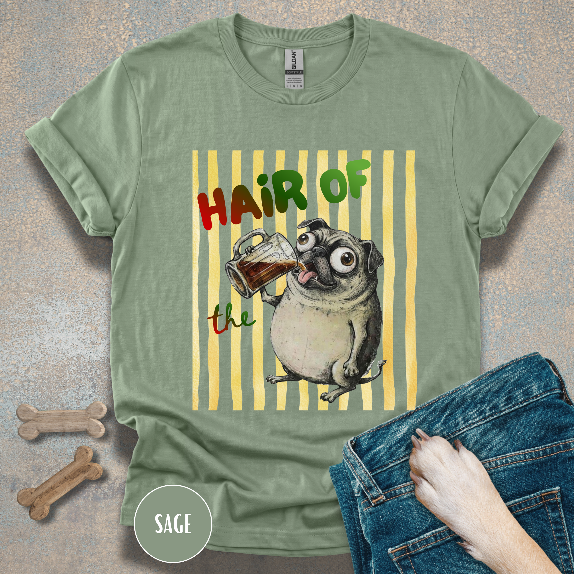 Hair of the Dog Pug with Beer T-shirt, Yellow stripes