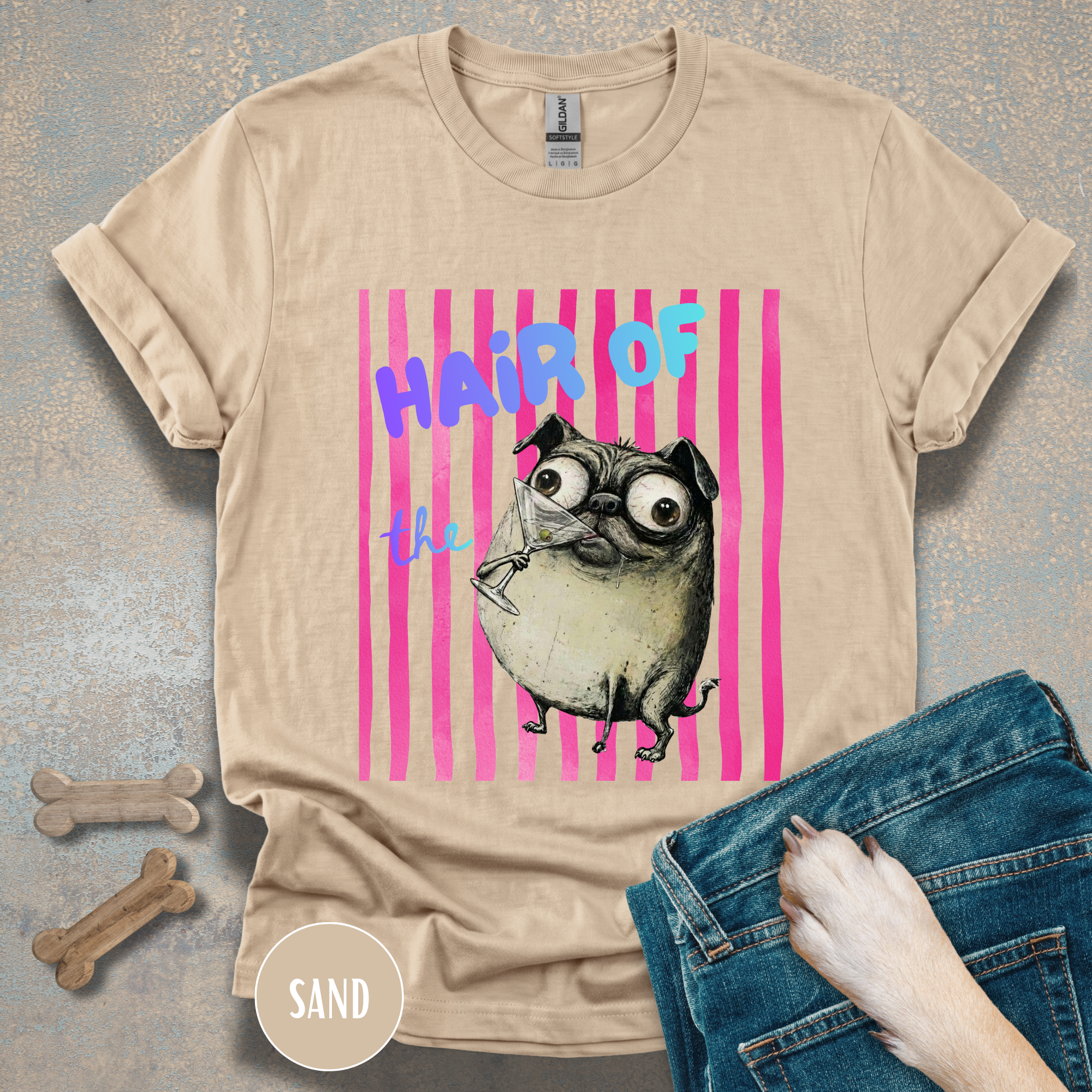 Hair of the Dog Pug Hangover T-Shirt. Pink stripes, blue gradient text