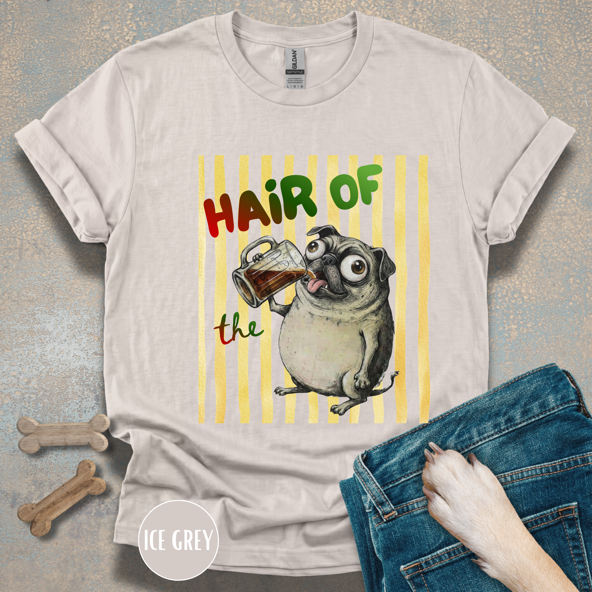 Hair of the Dog Pug with Beer T-shirt, Yellow stripes