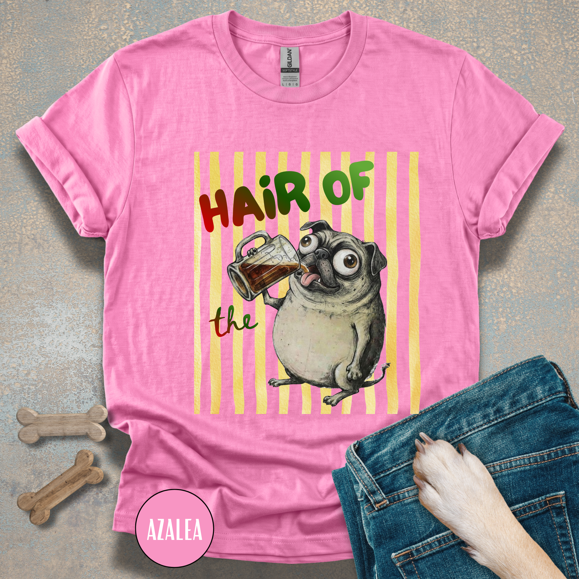 Hair of the Dog Pug with Beer T-shirt, Yellow stripes