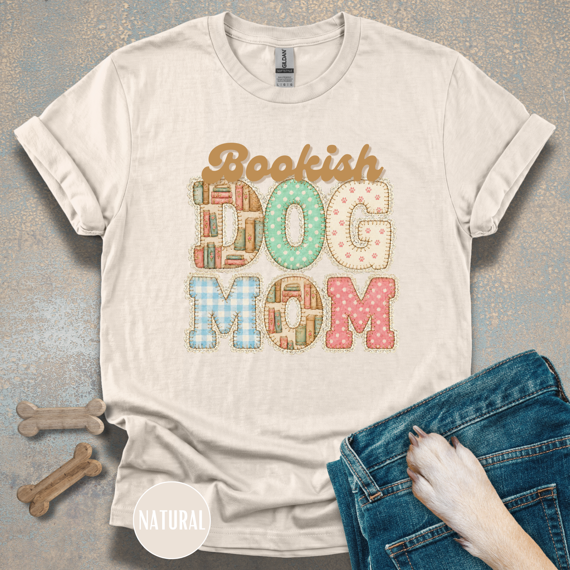 Bookish Dog Mom faux patchwork T-Shirt