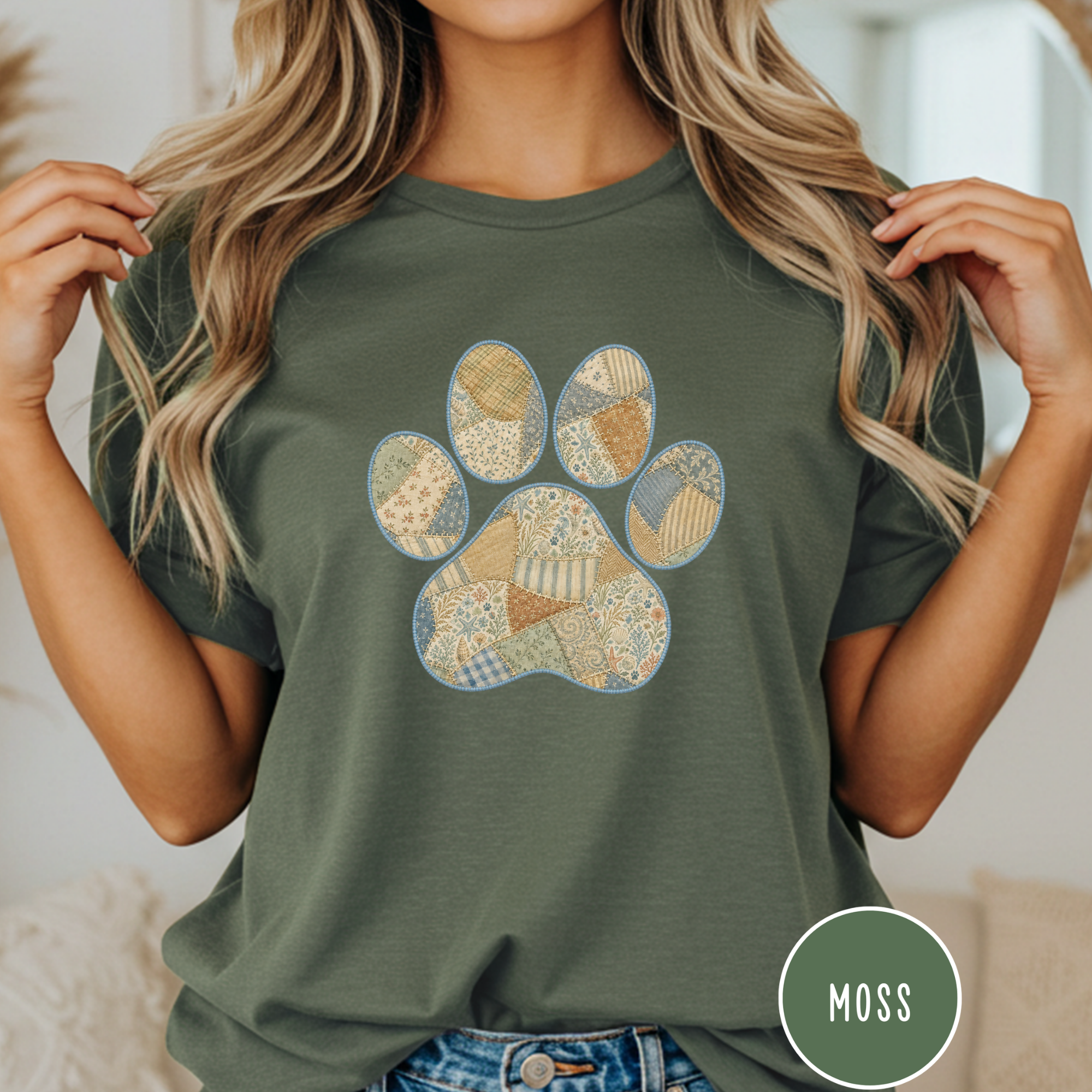 Faux Patchwork Coastal Seashore Dog Paw T-Shirt