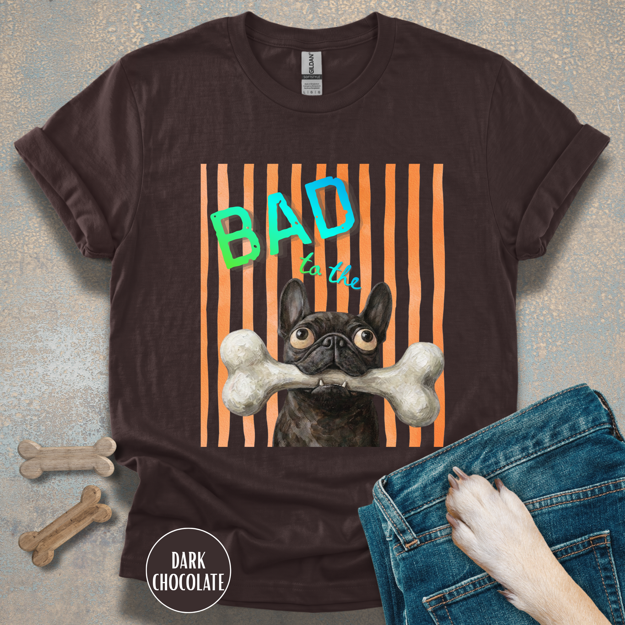 Bad to the Bone French Bulldog T-Shirt. Orange stripes