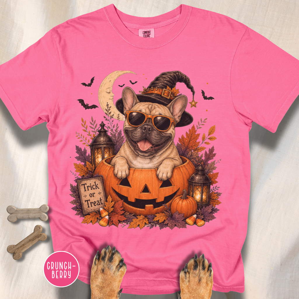 French Bull Dog in a Jack-o-Lantern T-shirt