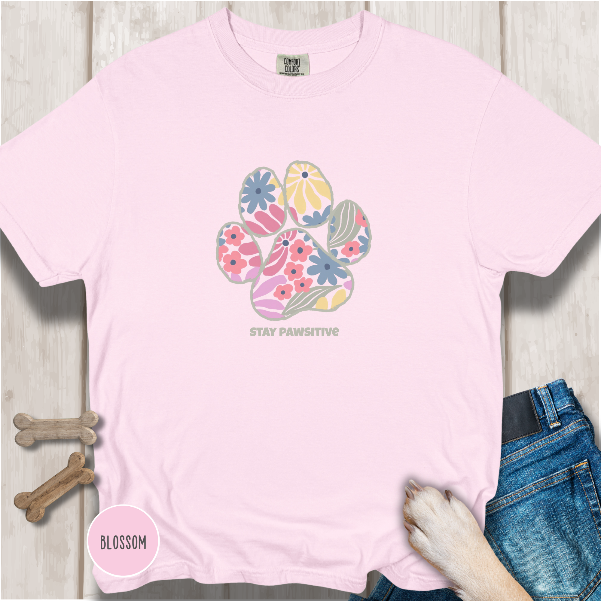 Stay Pawsitive Floral Paw Print T-Shirt