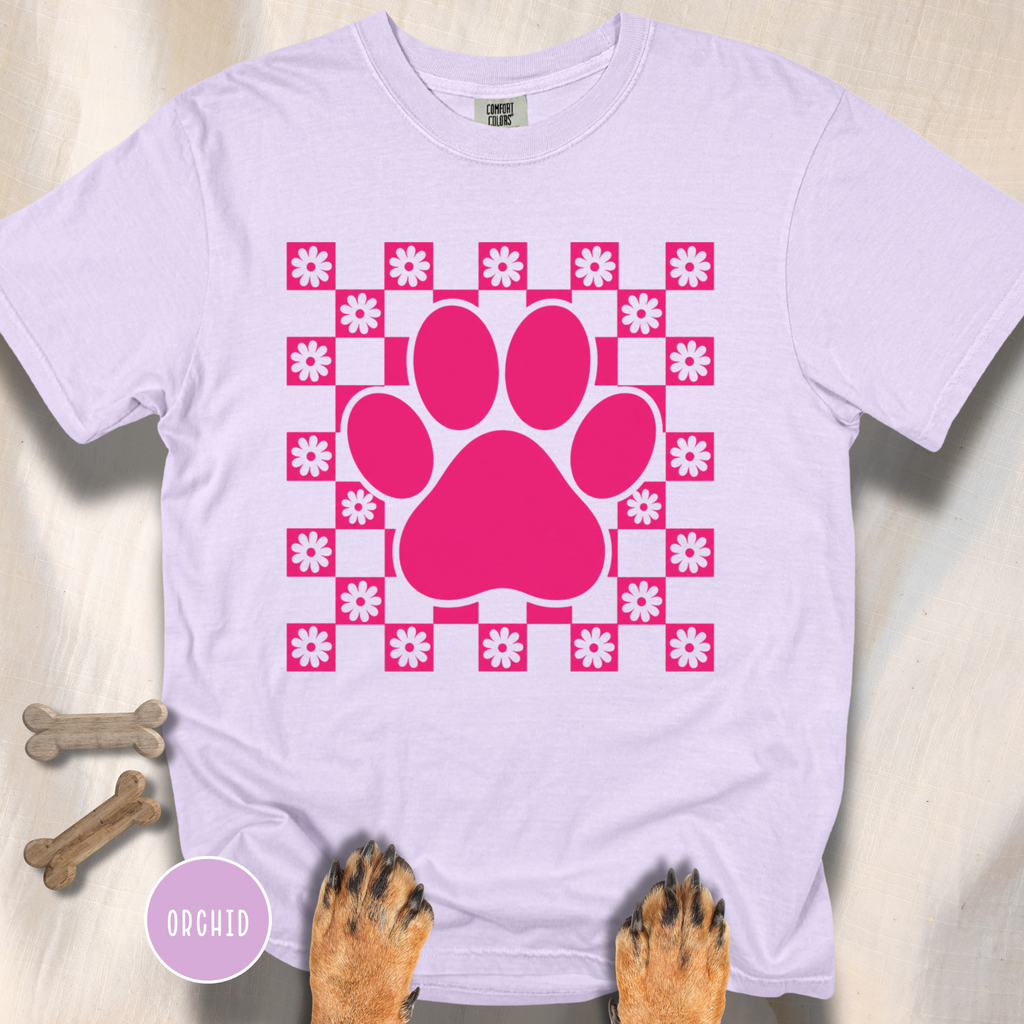 Retro Pink Daisy Grid Paw Print T-shirt