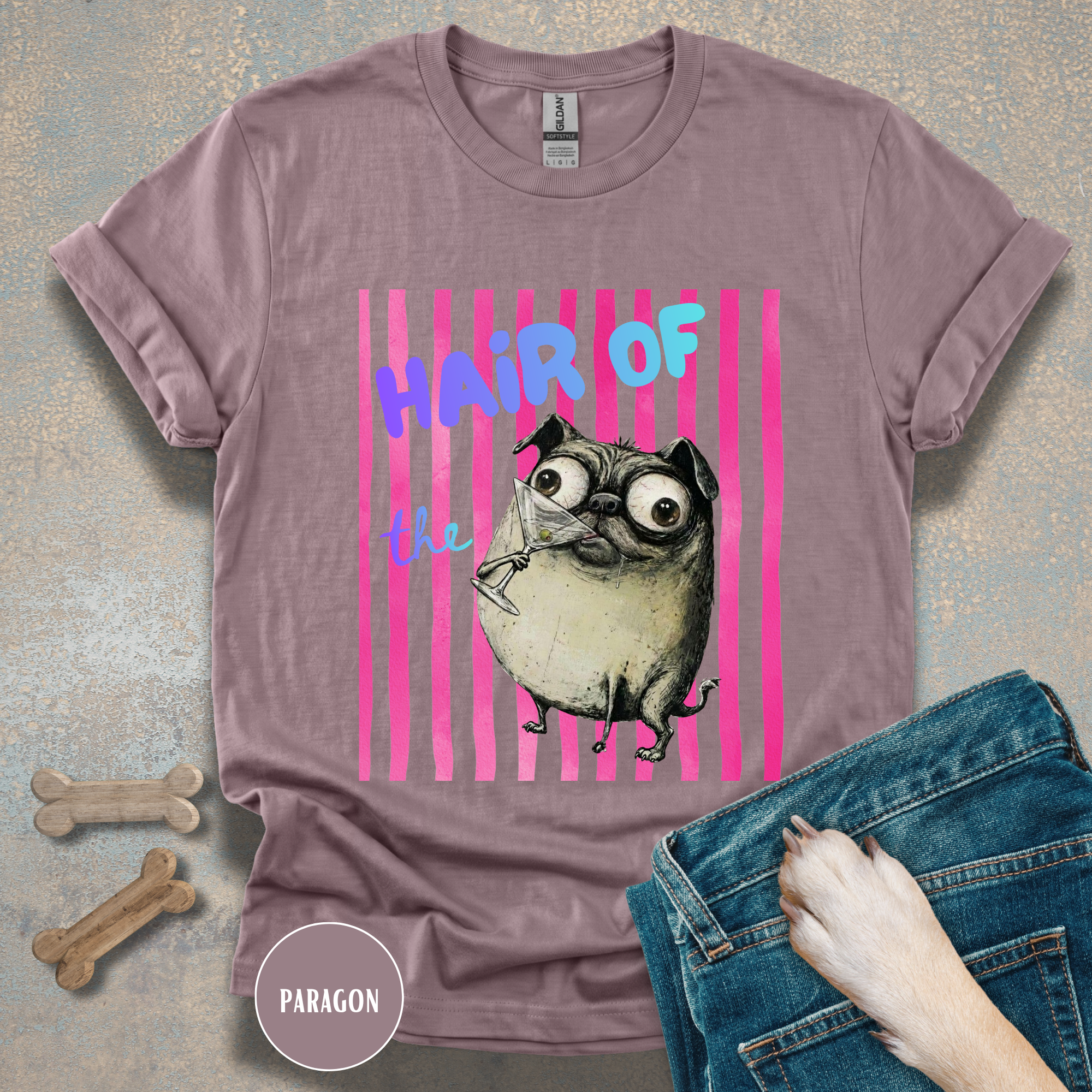 Hair of the Dog Pug Hangover T-Shirt. Pink stripes, blue gradient text