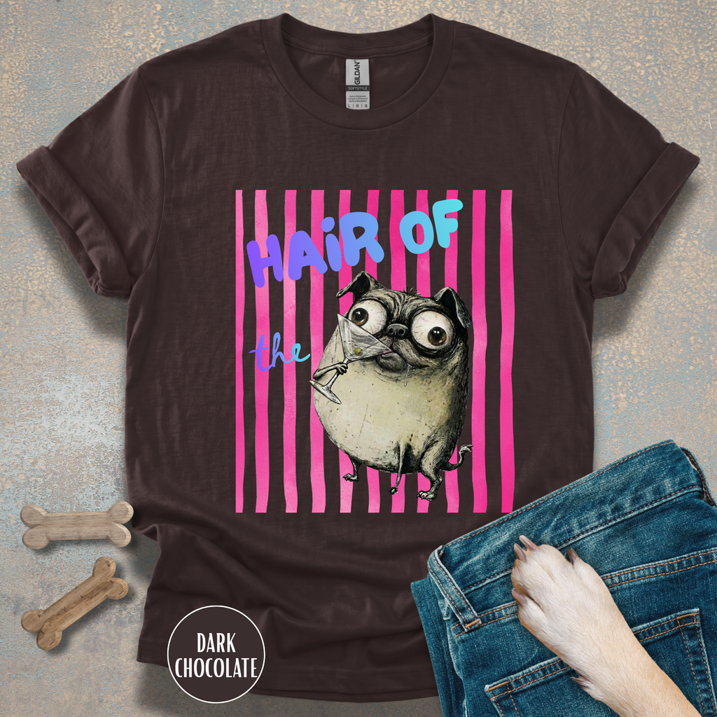 Hair of the Dog Pug Hangover T-Shirt. Pink stripes, blue gradient text