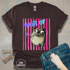 Hair of the Dog Pug Hangover T-Shirt. Pink stripes, blue gradient text