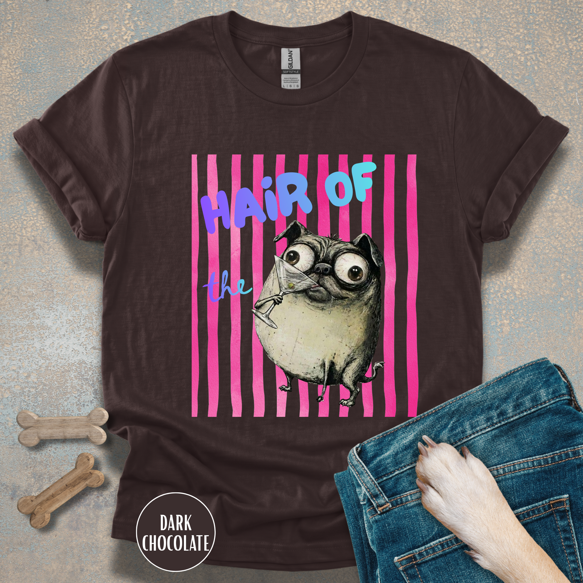 Hair of the Dog Pug Hangover T-Shirt. Pink stripes, blue gradient text