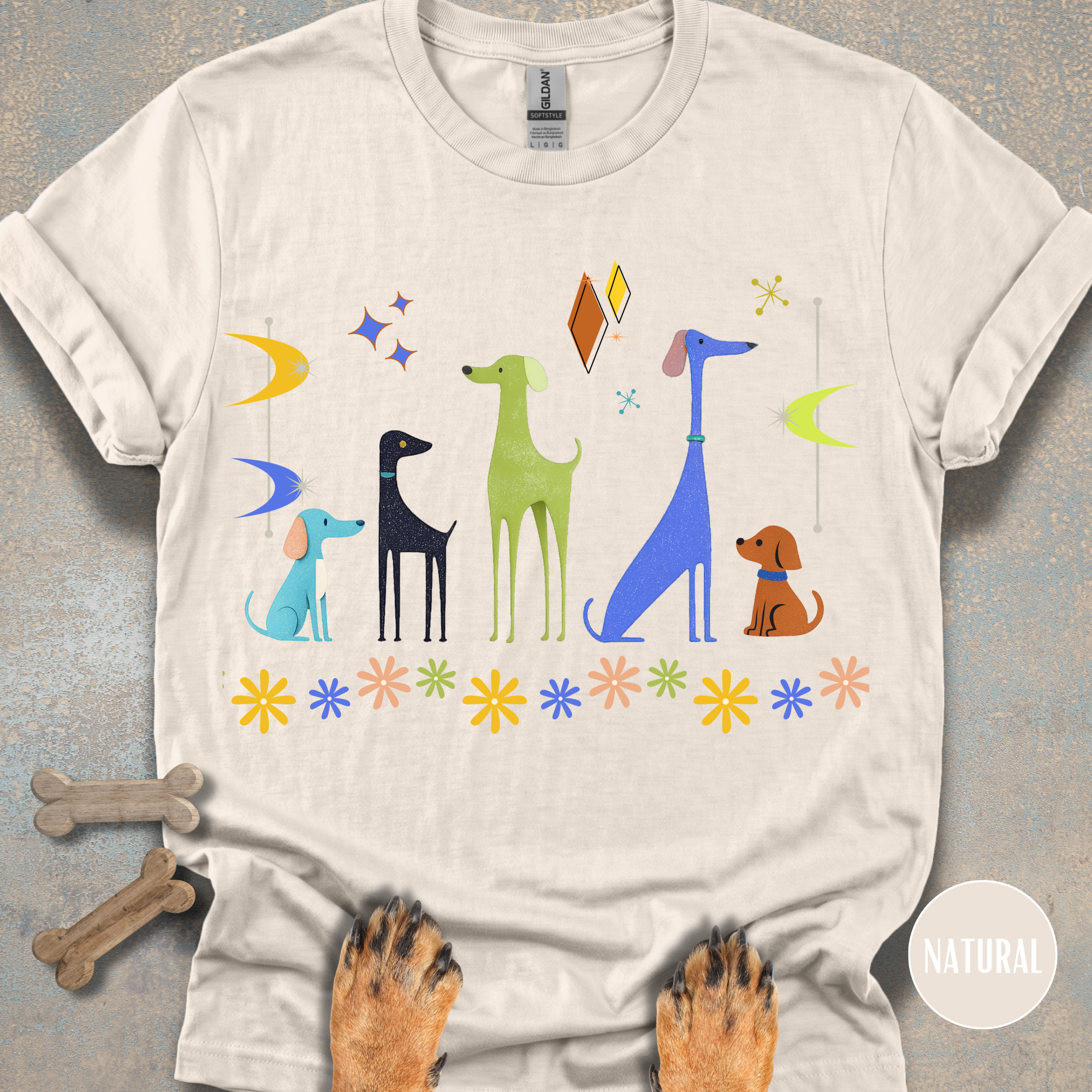 Retro Atomic Dogs Graphic T-Shirt – Mid Century Modern Dog Lover Tee