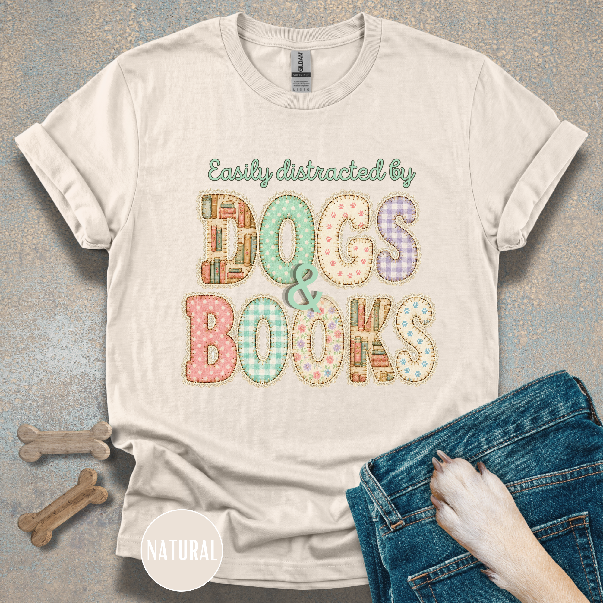 Easily Distracted by Dogs & Books faux patchwork T-Shirt