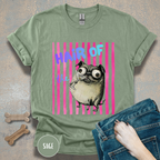 Hair of the Dog Pug Hangover T-Shirt. Pink stripes, blue gradient text