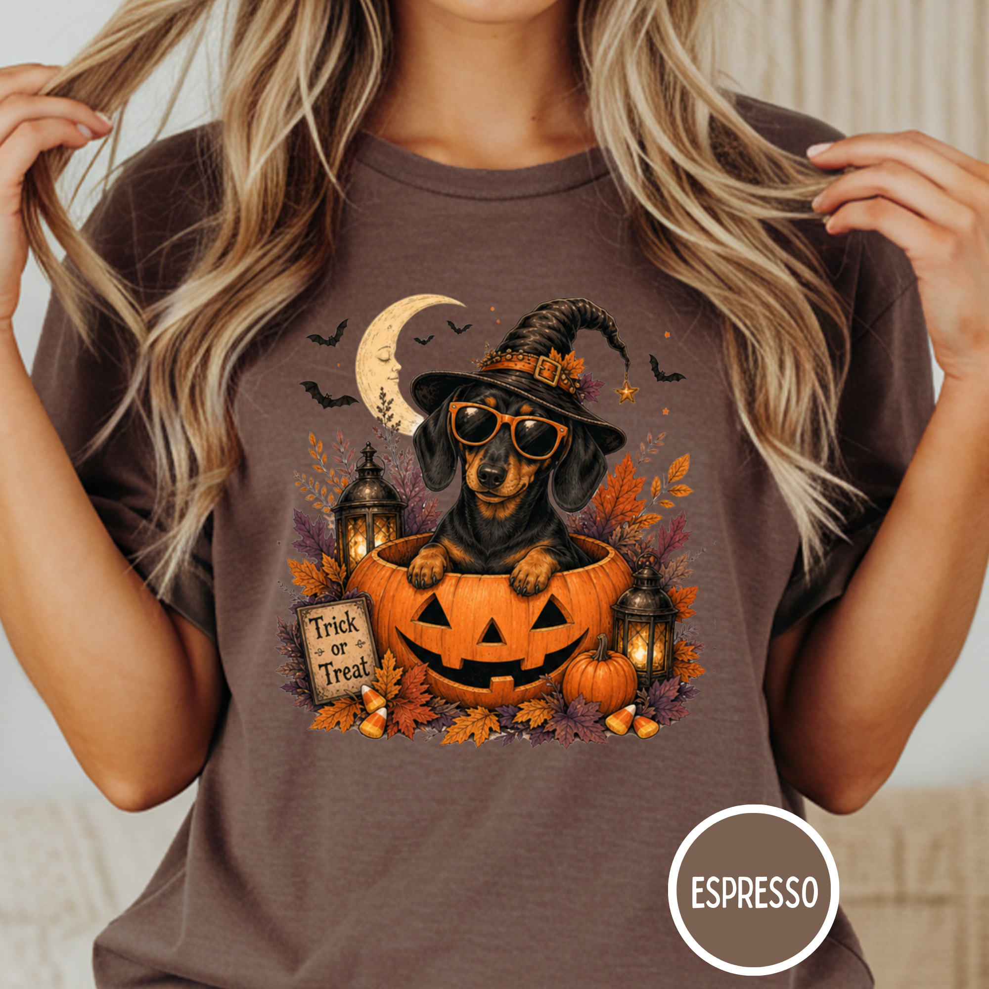 Dachshund in a Jack-o-Lantern T-shirt