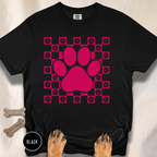 Retro Pink Daisy Grid Paw Print T-shirt
