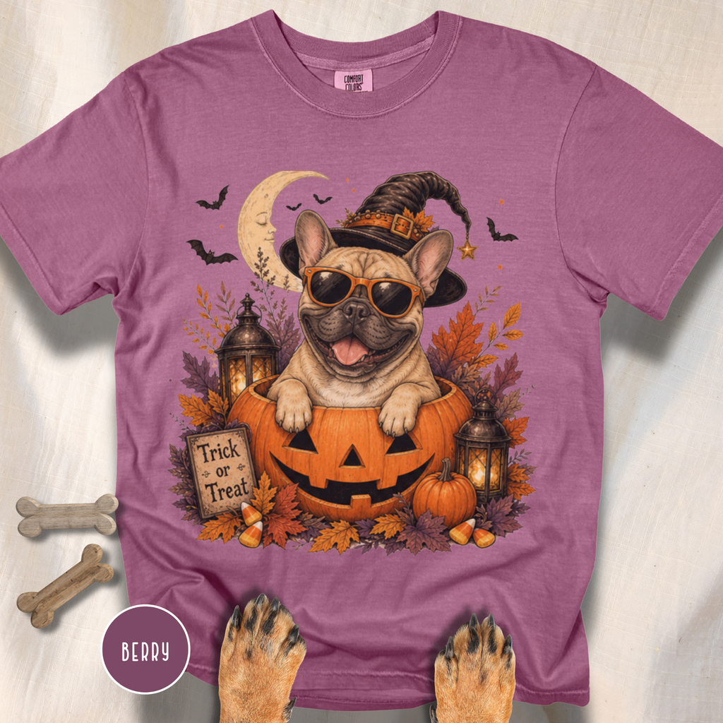 French Bull Dog in a Jack-o-Lantern T-shirt