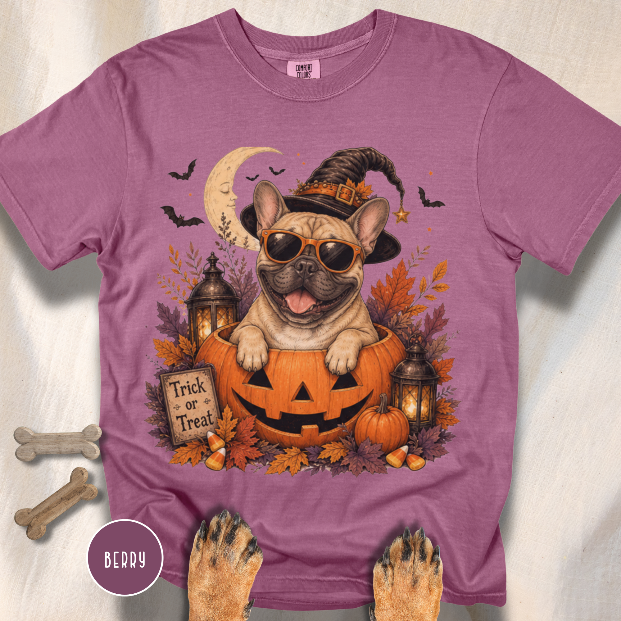French Bull Dog in a Jack-o-Lantern T-shirt