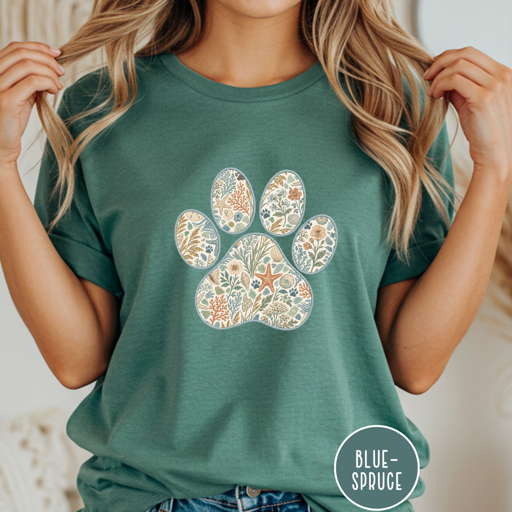 Coastal Seashore Vintage Botanical Dog Paw T-Shirt