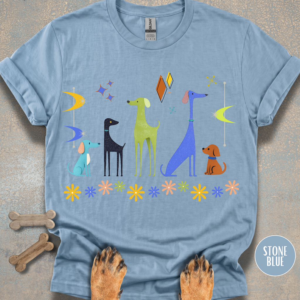 Retro Atomic Dogs Graphic T-Shirt – Mid Century Modern Dog Lover Tee