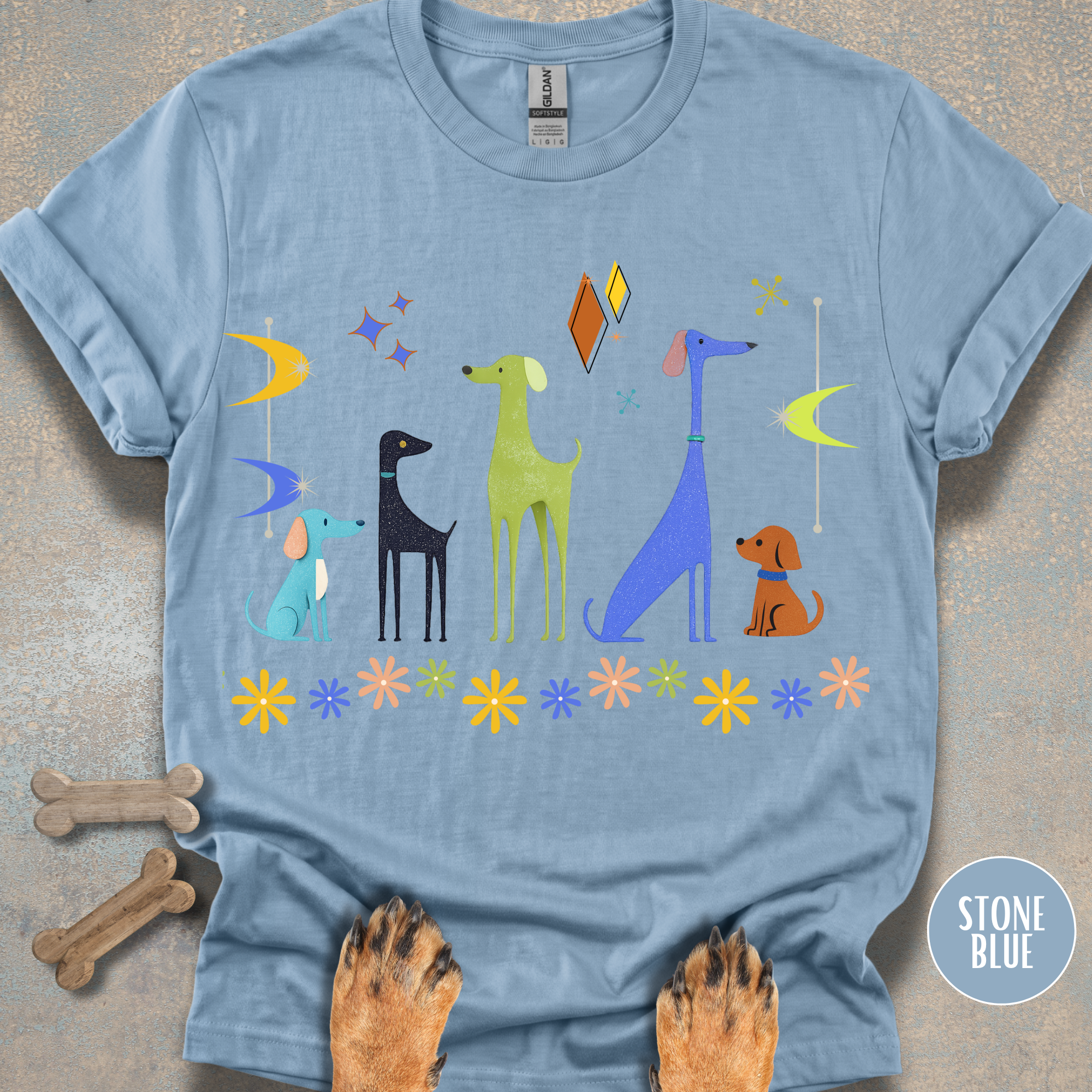 Retro Atomic Dogs Graphic T-Shirt – Mid Century Modern Dog Lover Tee