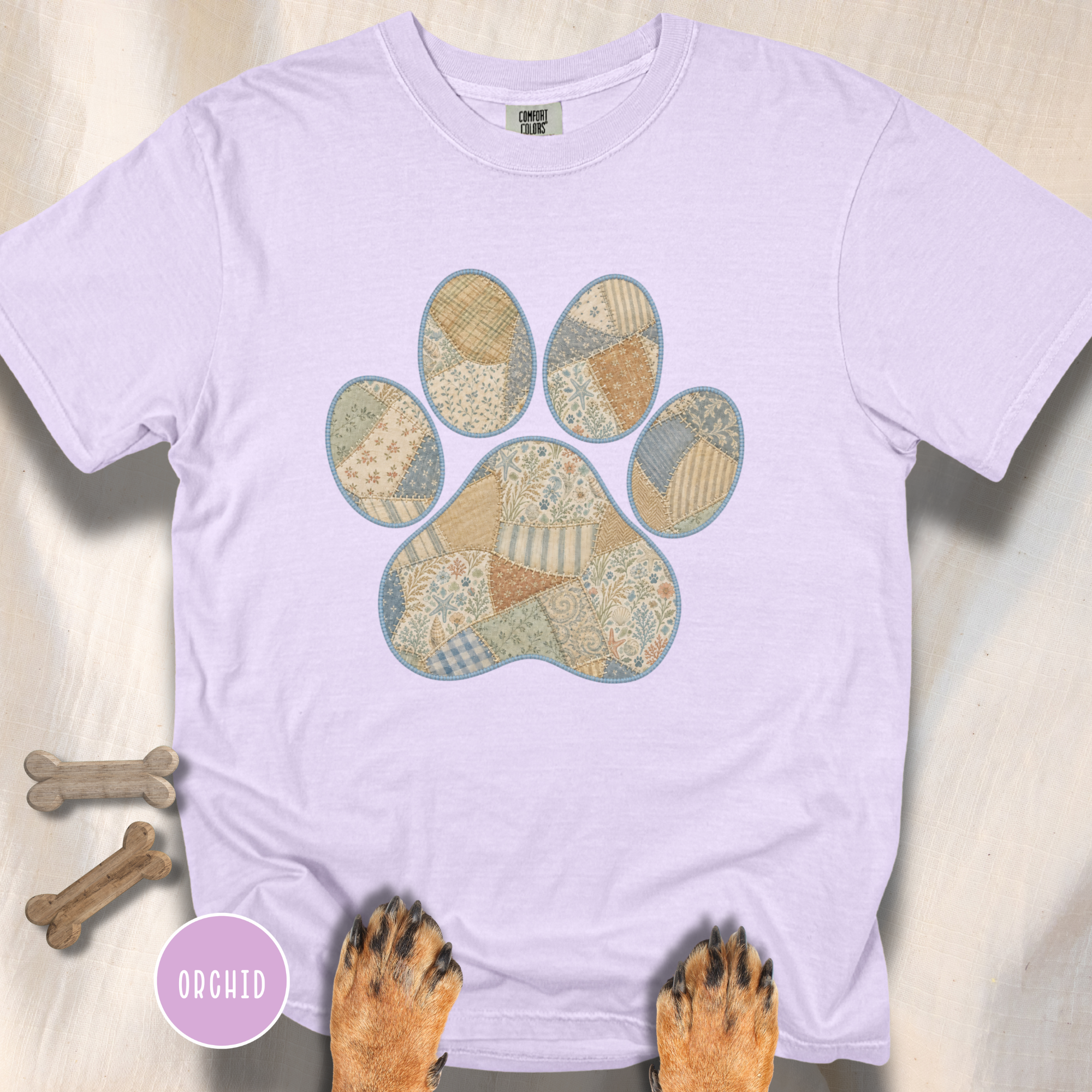 Faux Patchwork Coastal Seashore Dog Paw T-Shirt