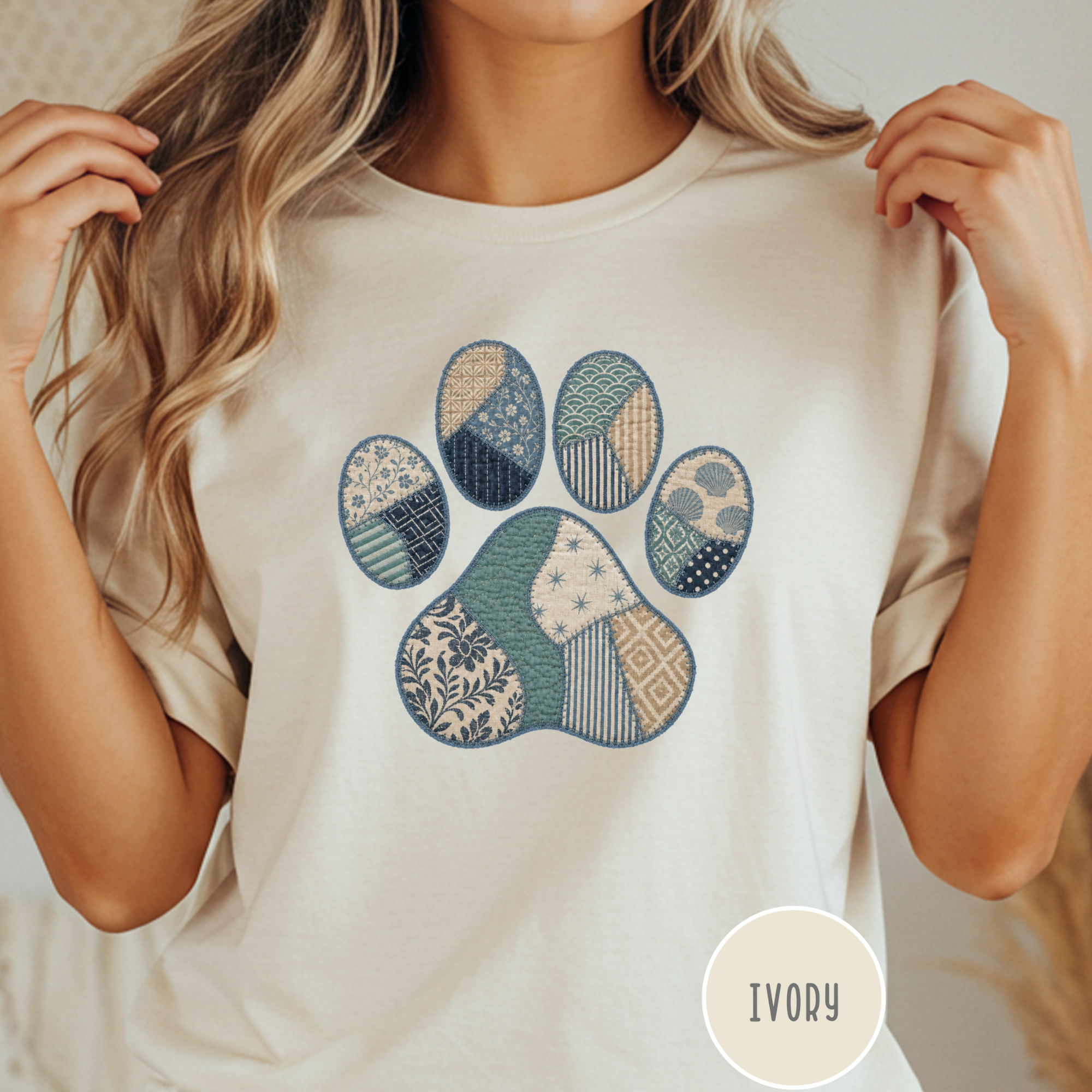 Faux Patchwork Coastal Dog Paw T-shirt