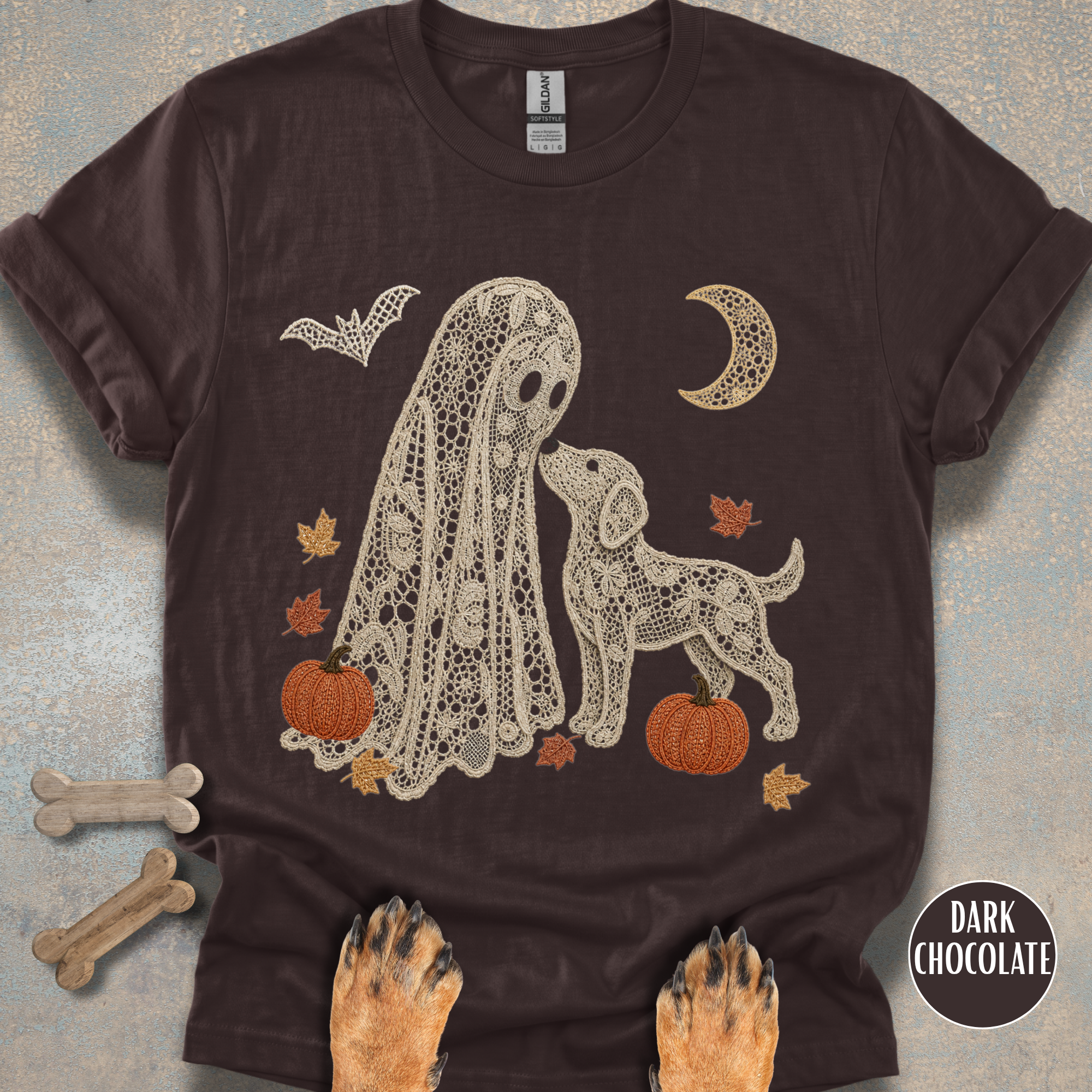 Faux Lace Ghost and Dog in the Fall T-shirt