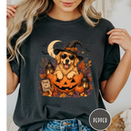 Golden Retriever in a Jack-o-Lantern T-shirt