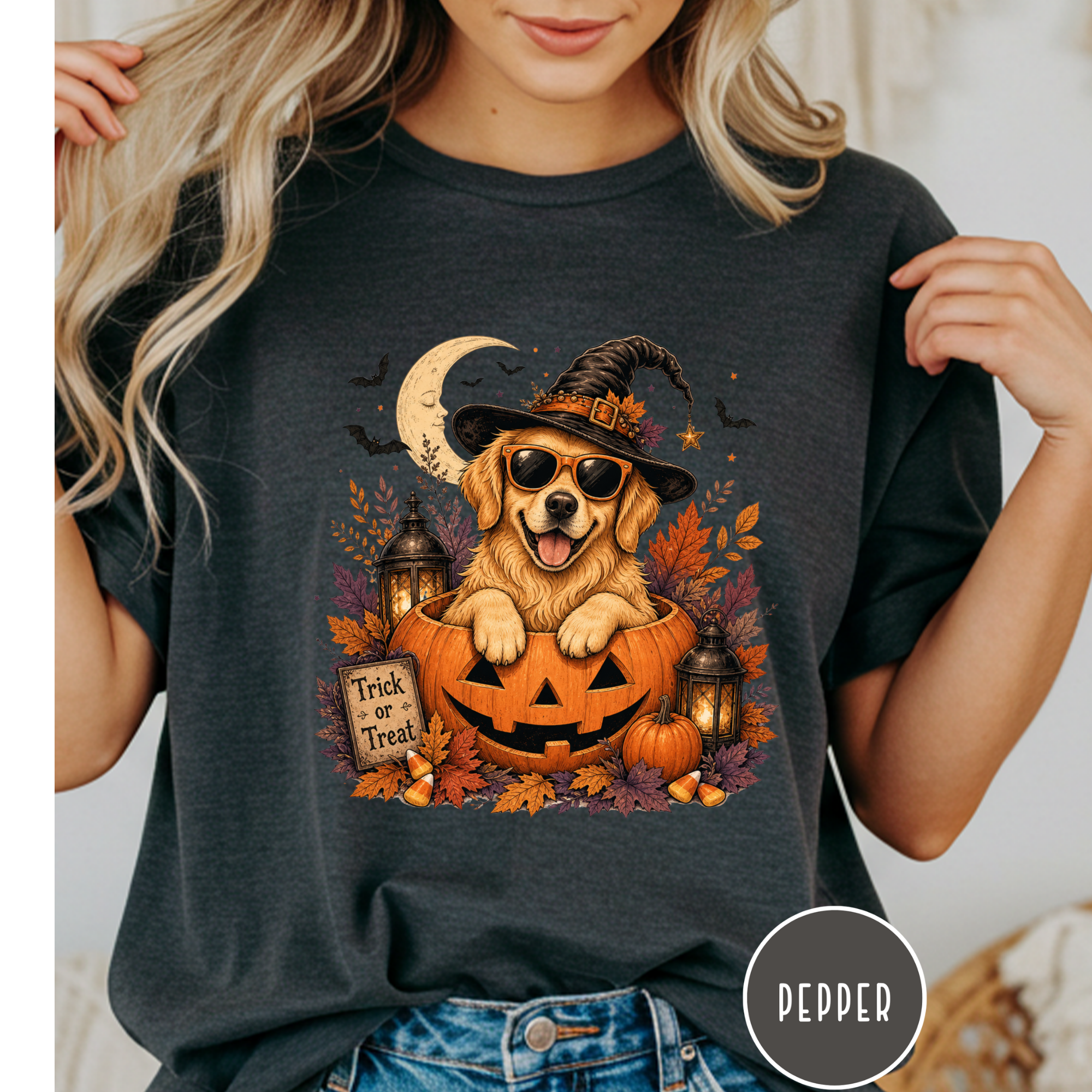 Golden Retriever in a Jack-o-Lantern T-shirt