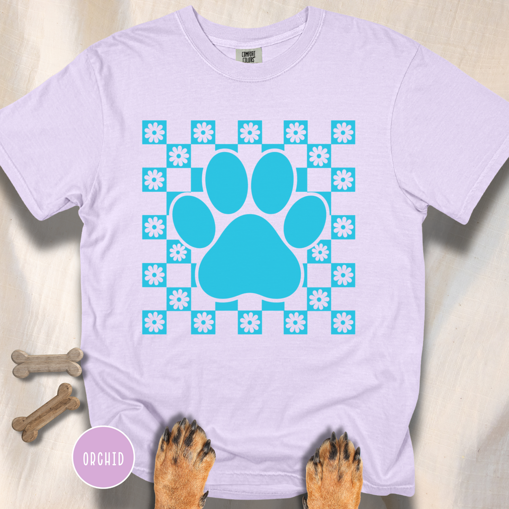 Retro Daisy Grid Paw Print T-shirt