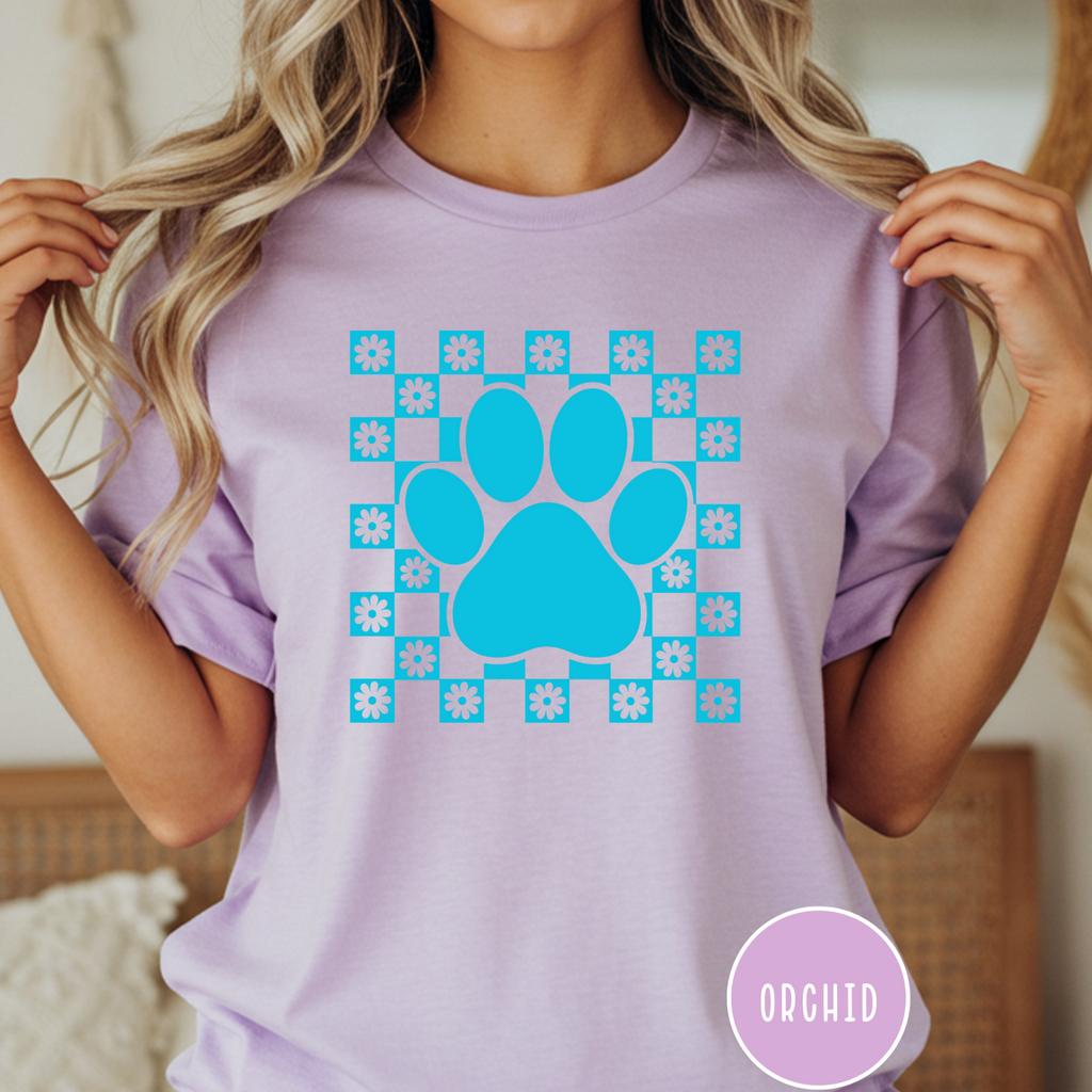 Retro Daisy Grid Paw Print T-shirt