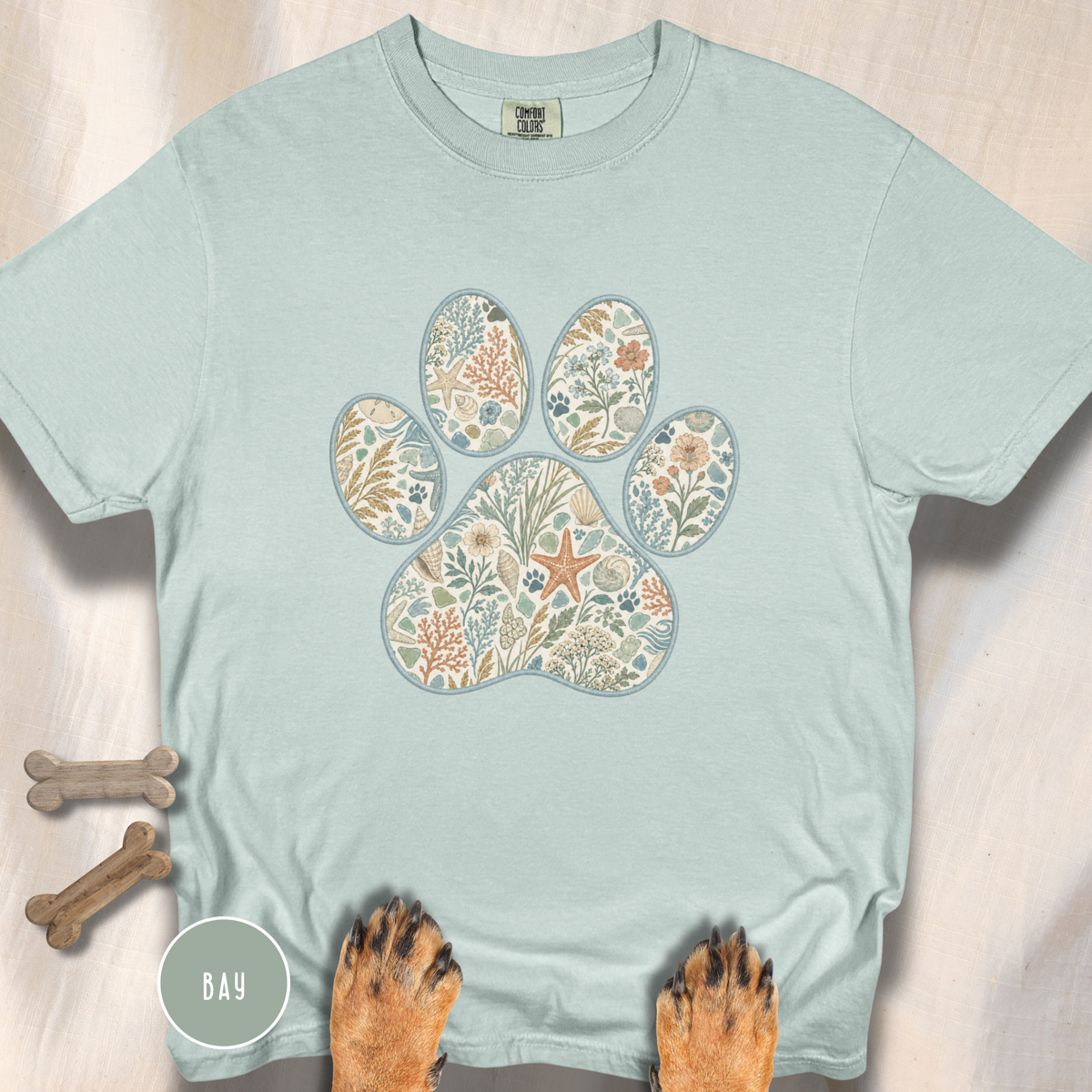 Coastal Seashore Vintage Botanical Dog Paw T-Shirt